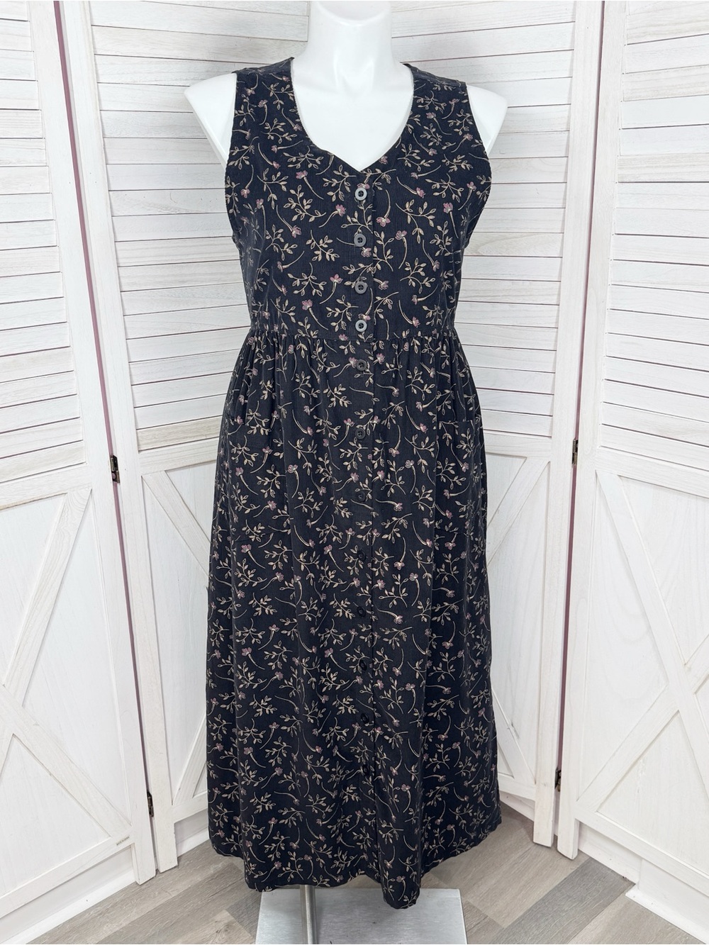 Vntg Erika & Co Metallic Floral Corduroy Jumper Midi Dress Black Large Cottage